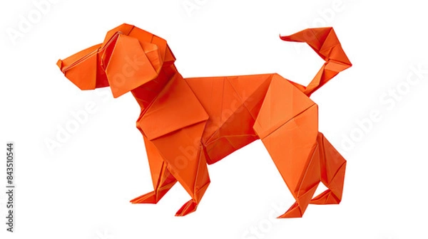 Fototapeta A vibrant orange origami dog, crafted from paper, stands against a black background. The folded paper creates a playful and abstract representation of a canine.
