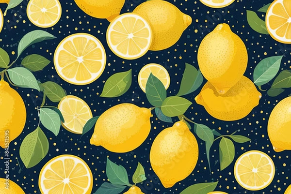 Fototapeta Abstract seamless pattern with lemons, circles, and dots. Stylized citrus fruit design for colorful, endless fabric or paper prints.