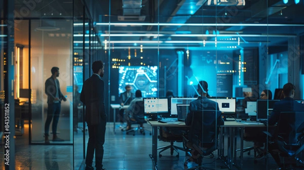 Fototapeta Inside a sleek, high-tech office filled with professionals, blue-toned screens and glass walls create a bustling atmosphere of diligence and innovation.