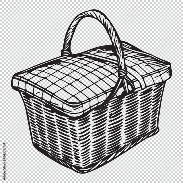 Fototapeta Drawing of realistic picnic basket, black vector illustration on transparent background