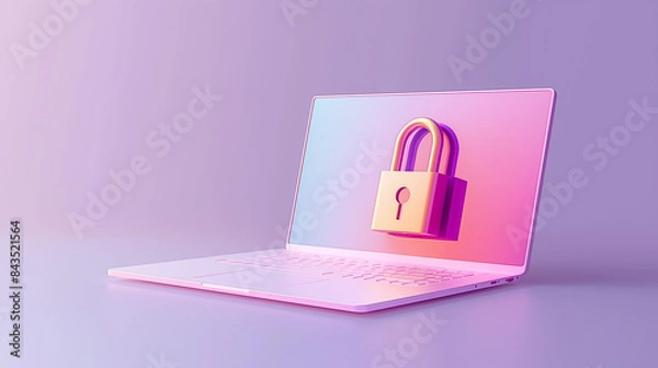 Fototapeta Cyber Security Lock on Futuristic Laptop. User Friendly Experience, Safe Internet, Personal Data Protection, Privacy. Antivirus, Innovation, GDPR, Online Credentials. Digital, Minimal, Neon Gradient 