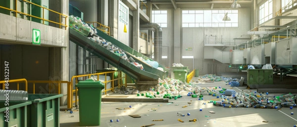 Fototapeta A cluttered recycling plant with scattered plastic bottles and cans on the floor, displaying a moment of chaos amid the recycling process under a soft sunbeam.