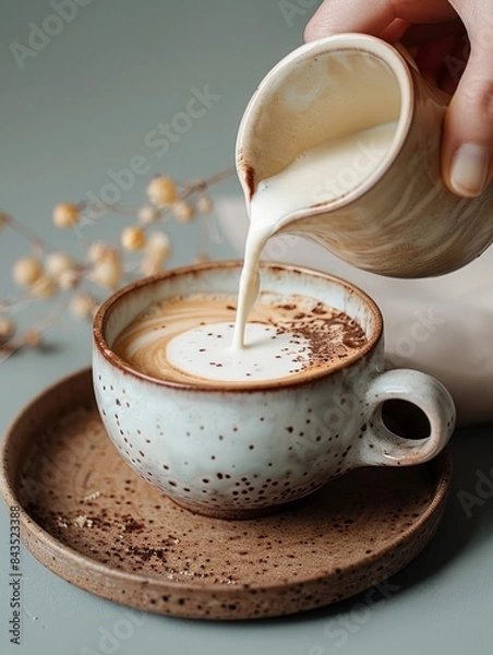 Fototapeta Close-up view of milk being poured into a coffee cup, making a latte art pattern on the coffee surface