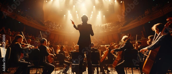 Fototapeta Bathed in a warm, golden light, a conductor leads an orchestra with passion, the musicians synchronized in a beautiful symphony performance.