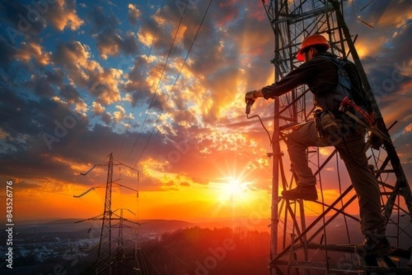 Obraz Professional electrician performing crucial maintenance task on a high voltage utility pole