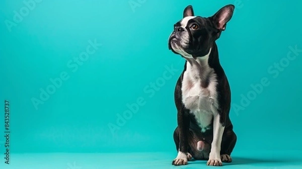 Fototapeta Alert Boston Terrier sitting attentively on a vibrant turquoise background, ready for your attention-grabbing message, Generative AI