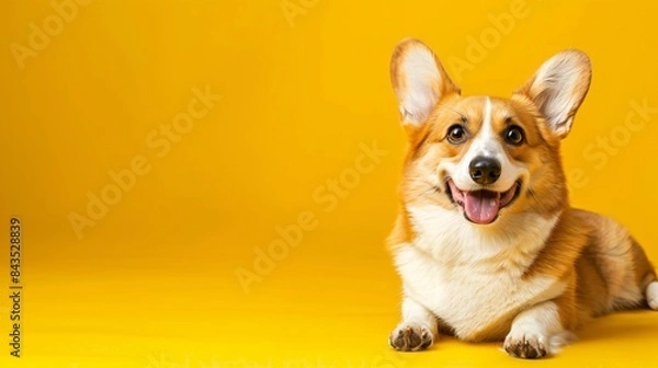 Fototapeta Cheerful Pembroke Welsh Corgi sitting happily on a sunny yellow surface, waiting for your text or caption, Generative AI