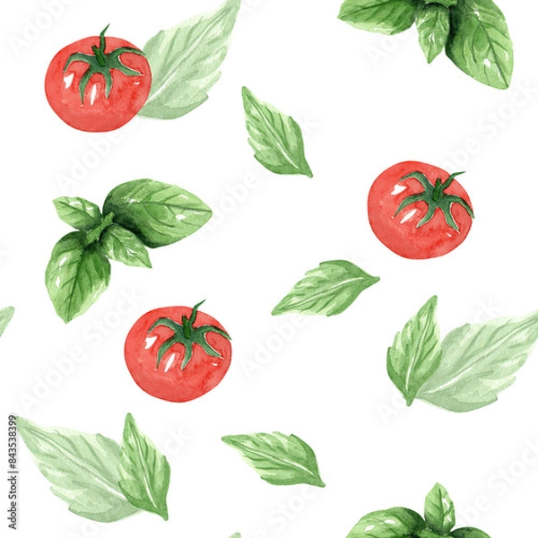 Fototapeta Seamless pattern from tomatoes and green basil, herbs. Hand drawn watercolor illustration on white background. Template for design menu, textiles, printing, packaging.