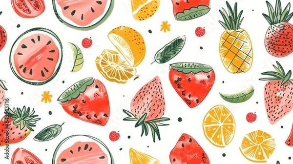 Fototapeta Seamless pattern of hand-drawn summer fruits like watermelons, pineapples, and strawberries, creating a fresh and vibrant design