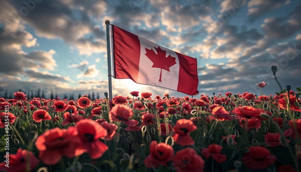 Fototapeta Canadian flag in a field of poppies to honor veterans and service members on Remembrance Day.