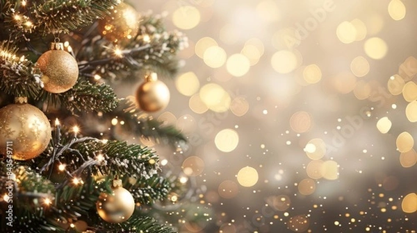 Fototapeta Golden Christmas ornaments on a tree with festive lights and a bokeh background, creating a warm and joyful holiday atmosphere.