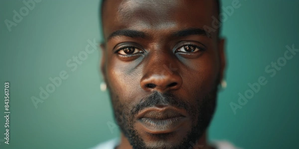 Fototapeta Serious man portrait on electric blue background, a close up of a man with a beard
