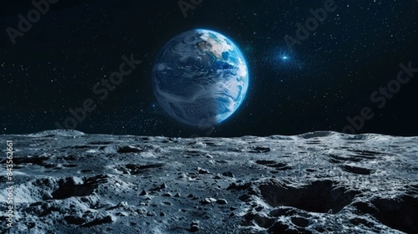 Fototapeta Spectacular view of Earth from the moon's surface with a starry sky. Ideal for space exploration and educational purposes