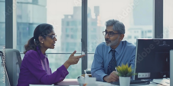 Obraz cinematic still of two middle aged Indian office worker one man other woman wearing purple glass sitting their desk corporate environment talking eachother while pointing towards computer screen
