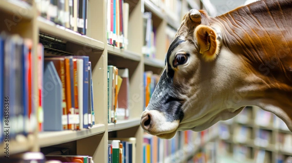 Obraz A cow is looking at a library full of books. The cow is looking at the books as if it is curious about them. The scene is playful and whimsical, as it is not common to see a cow in a library