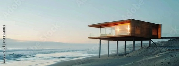 Fototapeta A minimalist beach house on stilts, perched above the sandy shore and offering uninterrupted views generated by AI