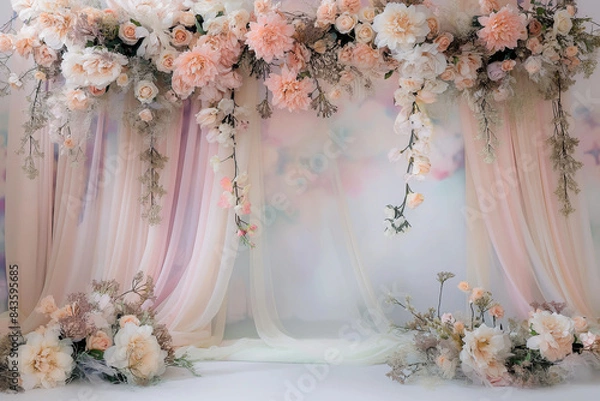 Fototapeta A beautifully designed indoor studio featuring an aesthetic wedding backdrop adorned with elegant flower decorations against a soft pastel color background