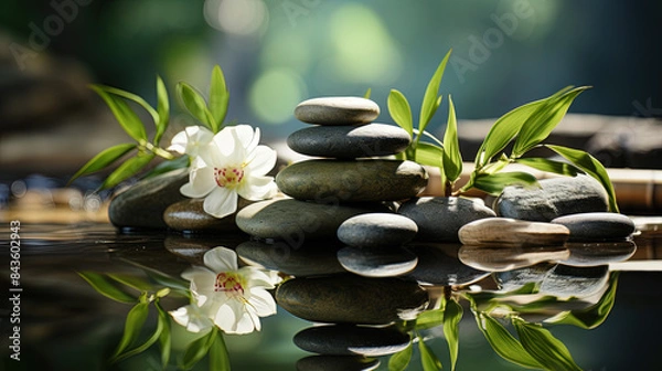 Fototapeta feng shui, stock photography with copy space, water, bamboo, stones, sunlight