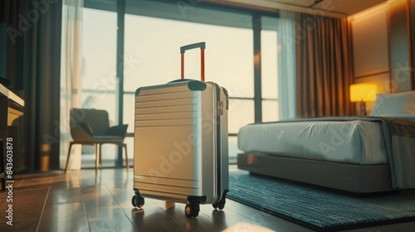 Obraz Suitcase delivered standing in hotel room. concept of Hotel service and travel