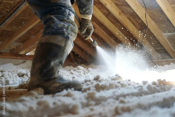 Fototapeta Close-up of a worker spraying mineral rock wool for attic insulation