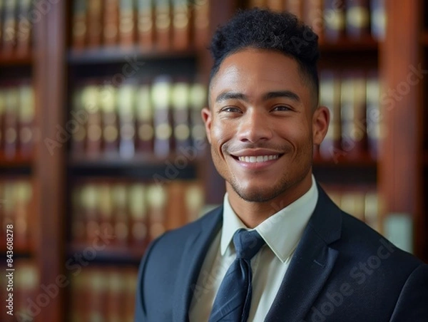Obraz A Legal Assistant male wearing professional attire, standing in front of a desk with legal documents, smiling