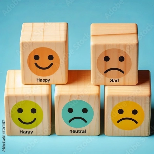 Fototapeta Happy sad and neutral smile faces on wooden blocks