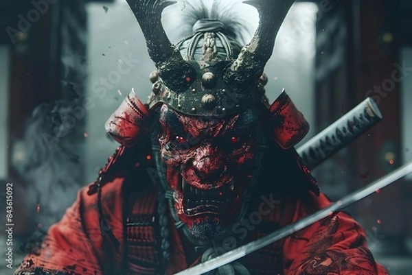 Obraz Horrifying Malevolent Japanese Demon Wielding a Cursed Katana with Malicious Predatory Scowl and Tangible Aura of Evil