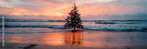 Fototapeta A Christmas tree decorated with colorful lights stands on the sand of an empty beach. against the backdrop of waves and sky at sunset 