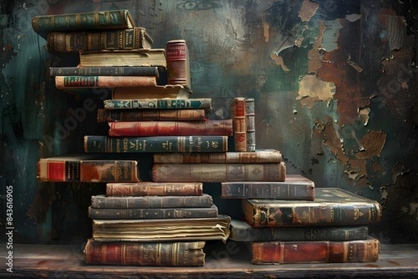 Fototapeta Surreal Floating Book Ladder with Eccentric Titles and Worn Covers in Enchanted Study Backdrop