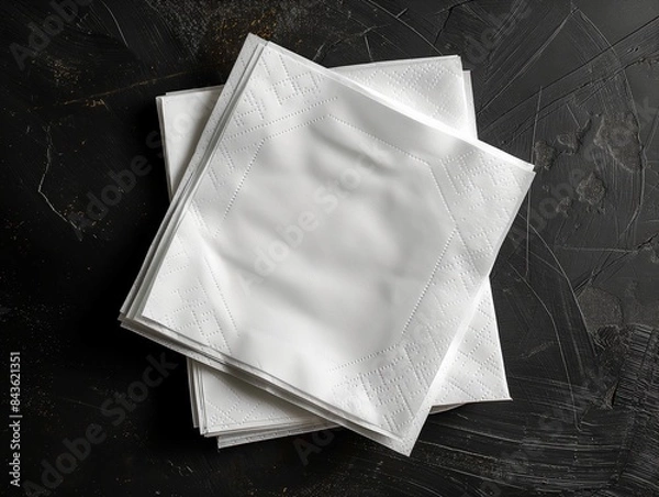 Obraz Mockup of blank white paper napkins arranged neatly on a black surface