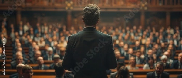 Fototapeta A politician addressing a large audience with a confident stance,
