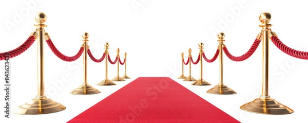 Fototapeta Red rope on golden stanchions with a red carpet on transparent bacakground