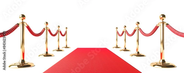 Fototapeta Red rope on golden stanchions with a red carpet on transparent bacakground