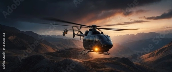 Fototapeta Rendering of a cargo helicopter delivering cargo to remote and rugged areas of rocky landscapes