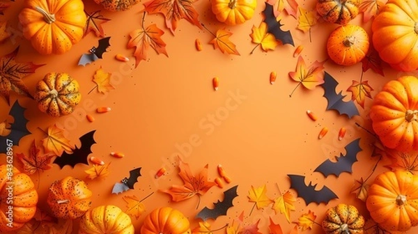 Obraz Happy Halloween holiday concept. Halloween decorations, pumpkins, bats, maple leaves on orange background. Minimal style. Flat lay, top view.