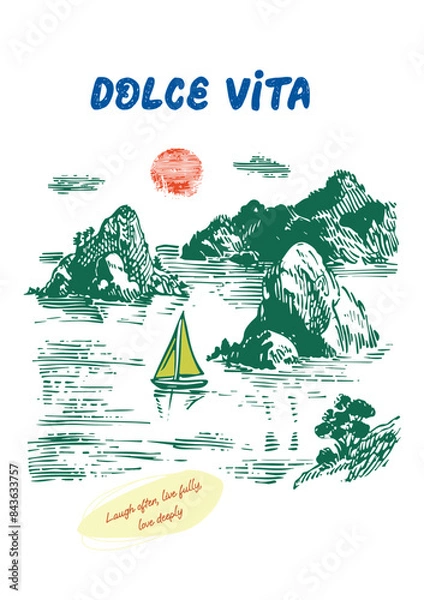 Obraz The boat sails on the sea among the rocks. Vector poster on the theme of sweet life, sweet tooth, hand-drawn drawings with interesting, inspiring phrases for the comfort of your home