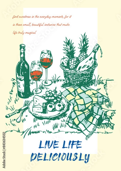 Obraz Picnic in nature, fruit basket, wine, Italy. Vector poster on the theme of sweet life, sweet tooth, hand-drawn drawings with interesting, inspiring phrases for the comfort of your home