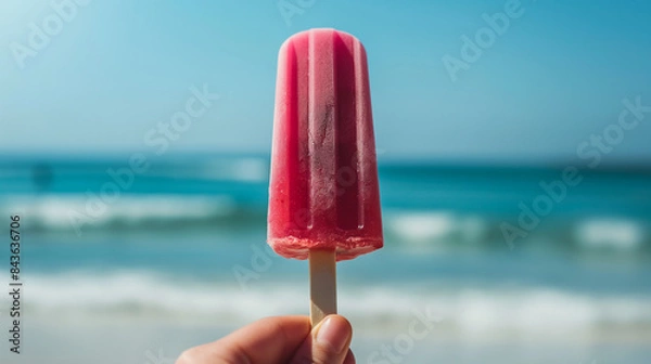 Obraz Close-up of a hand holding a strawberry popsicle ice cream stick, juicy and fresh, beach setting with ocean in the background 