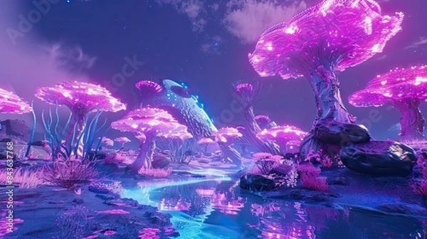 Obraz A metaverse landscape made in unreal engine, a developer paradise, make the metaverse looks impressiver, and use neon colors