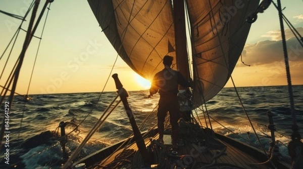 Fototapeta A sailor is navigating a sail boat in sea.