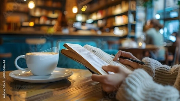 Obraz Hands, person and reading book in cafe for story, knowledge and student learning literature information in university. Closeup, education and studying novel on coffee shop table at college to relax