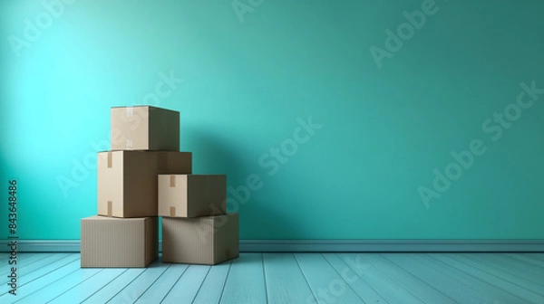 Fototapeta Stack of neatly packed cardboard boxes in an empty room ready for relocation, isolated on gradient background, space for text, neutral colors 