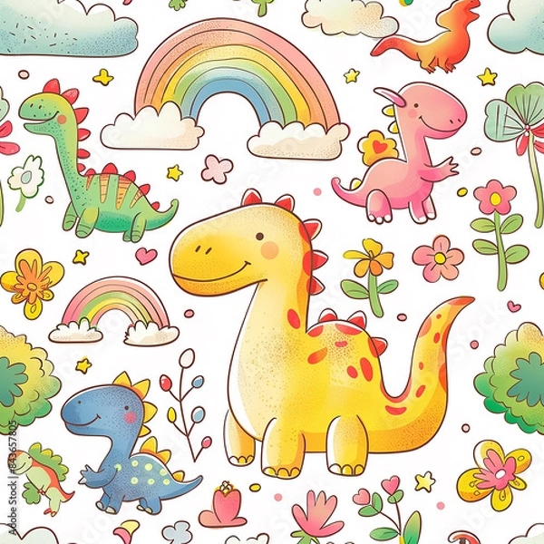 Fototapeta 3d render photo of cute kawaii design featuring dinosaurs, clouds, flowers, trees, rainbows and dinosaur made with generative AI