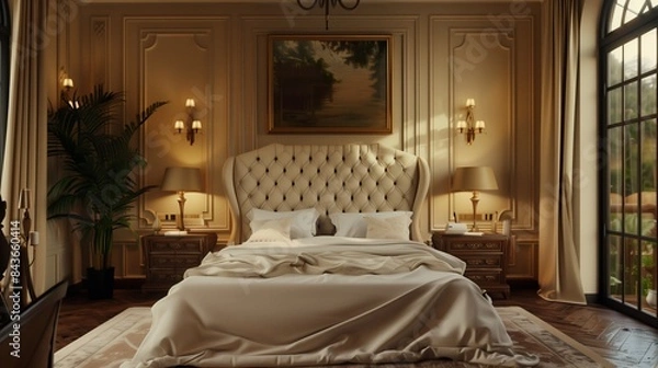 Obraz A serene bedroom with a tufted headboard, soft bedding, and large windows.