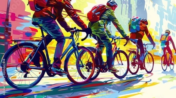 Obraz Bicycle commuters in an urban setting, pop art, bold colors, dynamic composition, sustainable transport,