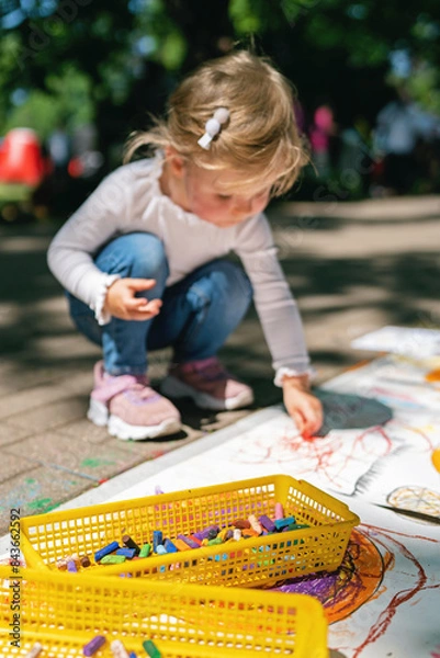 Fototapeta Pile of multi-colored crayons for drawing in a basket, selective focus. A child draws with crayons on the asphalt in a park out of focus.