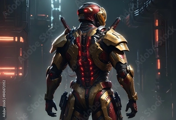 Fototapeta A muscular robot designed as a samurai, ready for battle
