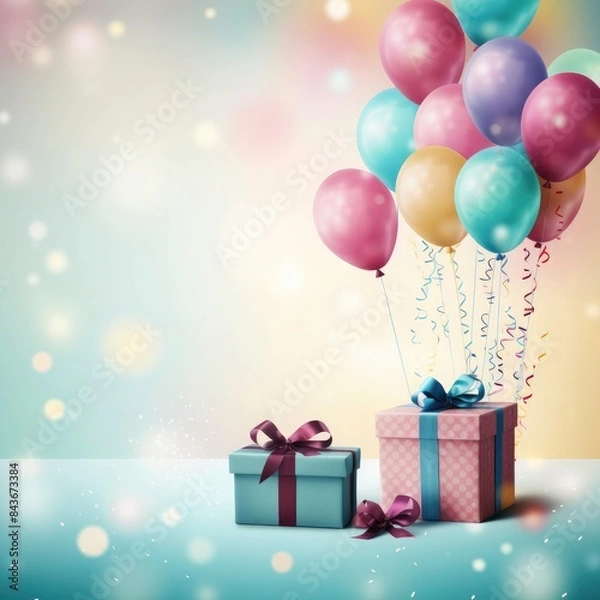 Fototapeta Happy Birthday background with cupcake, party hat and gift box on blur background 