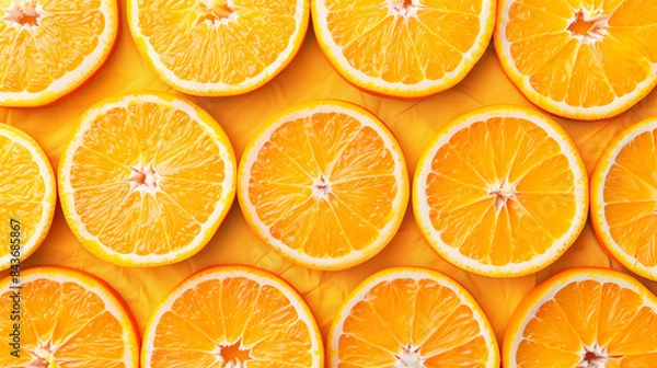 Fototapeta A close-up of many orange slices. The slices are cut in half and arranged in a pattern
