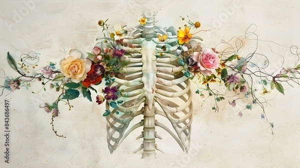 Obraz Ethereal Floral Arrangement Entwined with Skeletal Remains A Captivating Juxtaposition of Life and Death